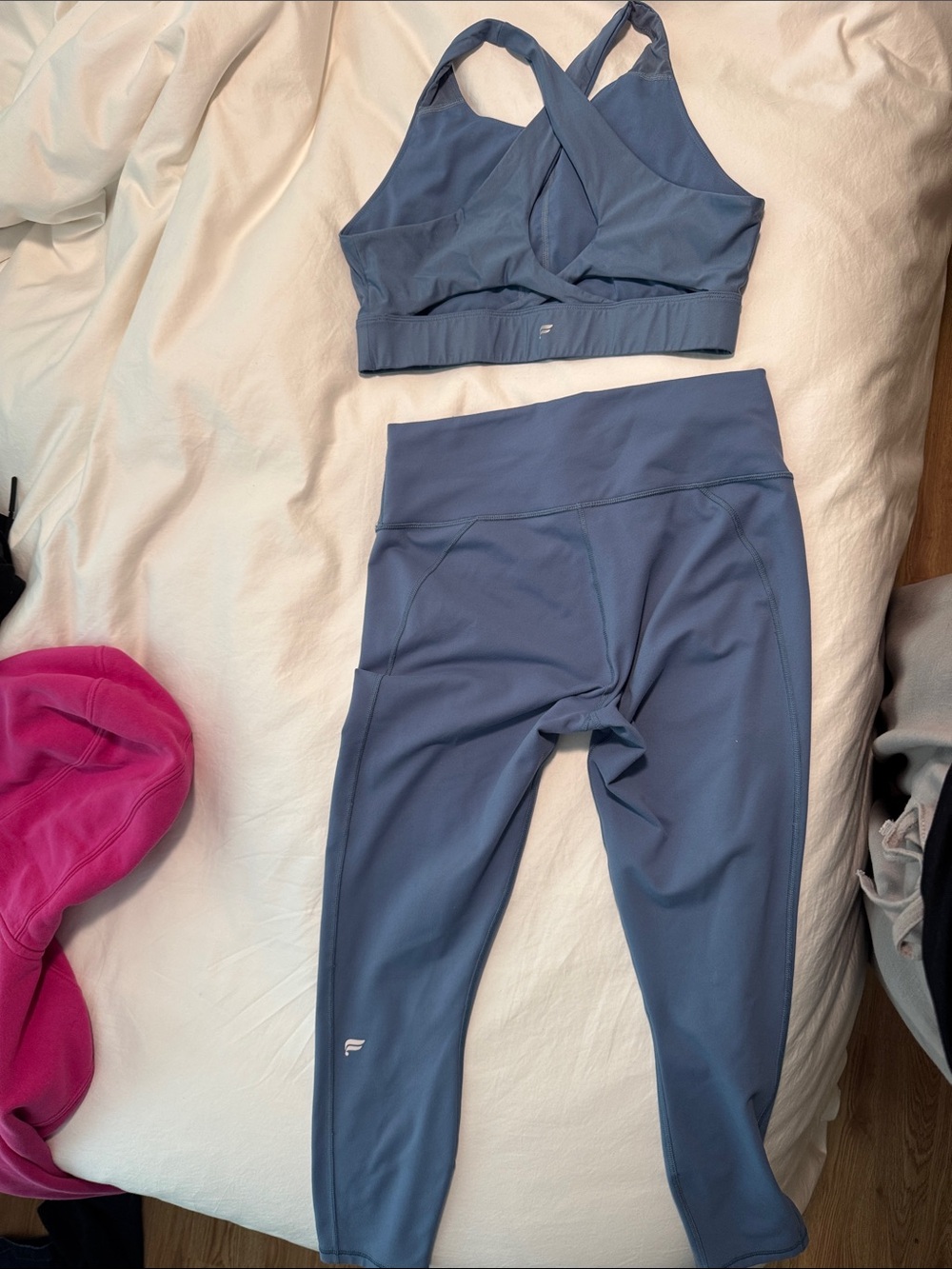 Fabletics Slate Blue High-Waist Power Hoold Leggings with Cross-Back Sports Bra